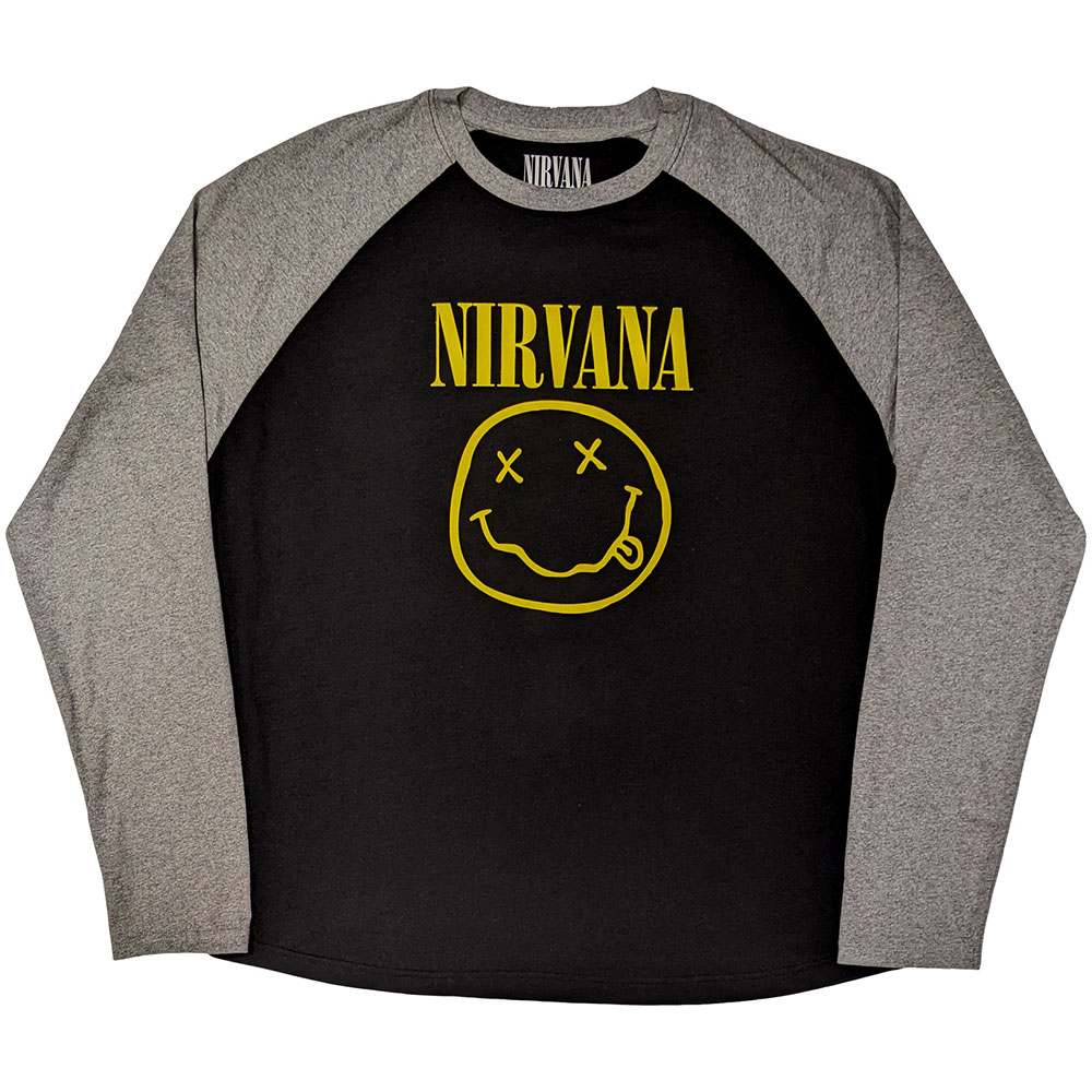 Nirvana - Yellow Happy Face Raglan T-shirt - Zwart/Grijs